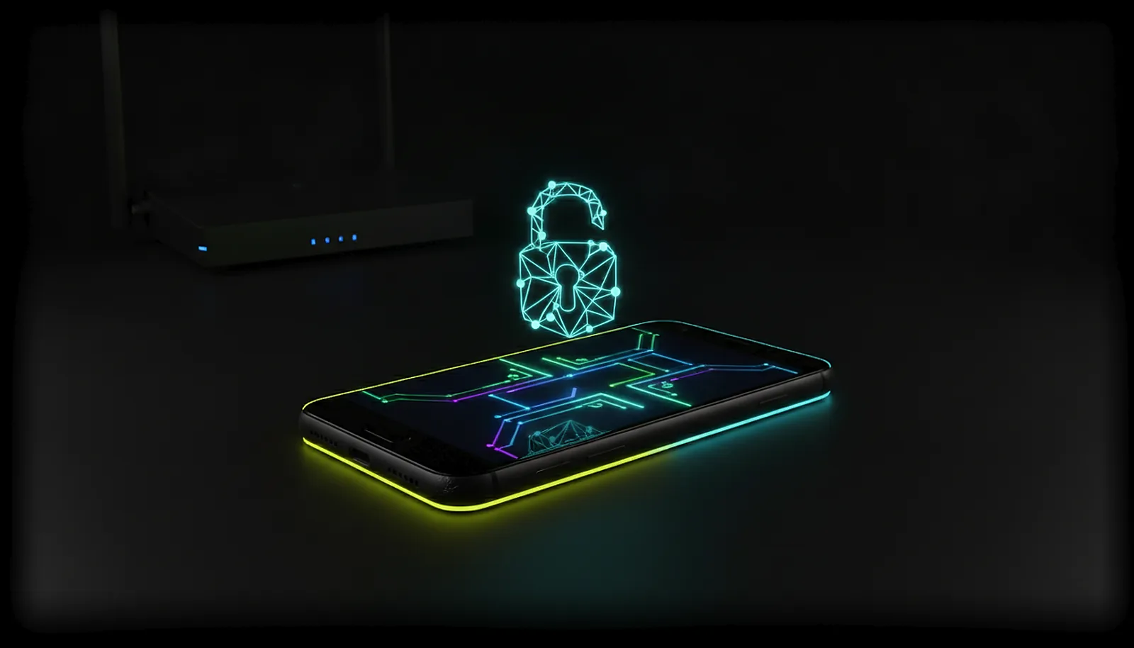 A phone and a PC joined by a single glowing line, with a lock mark and no cloud in between