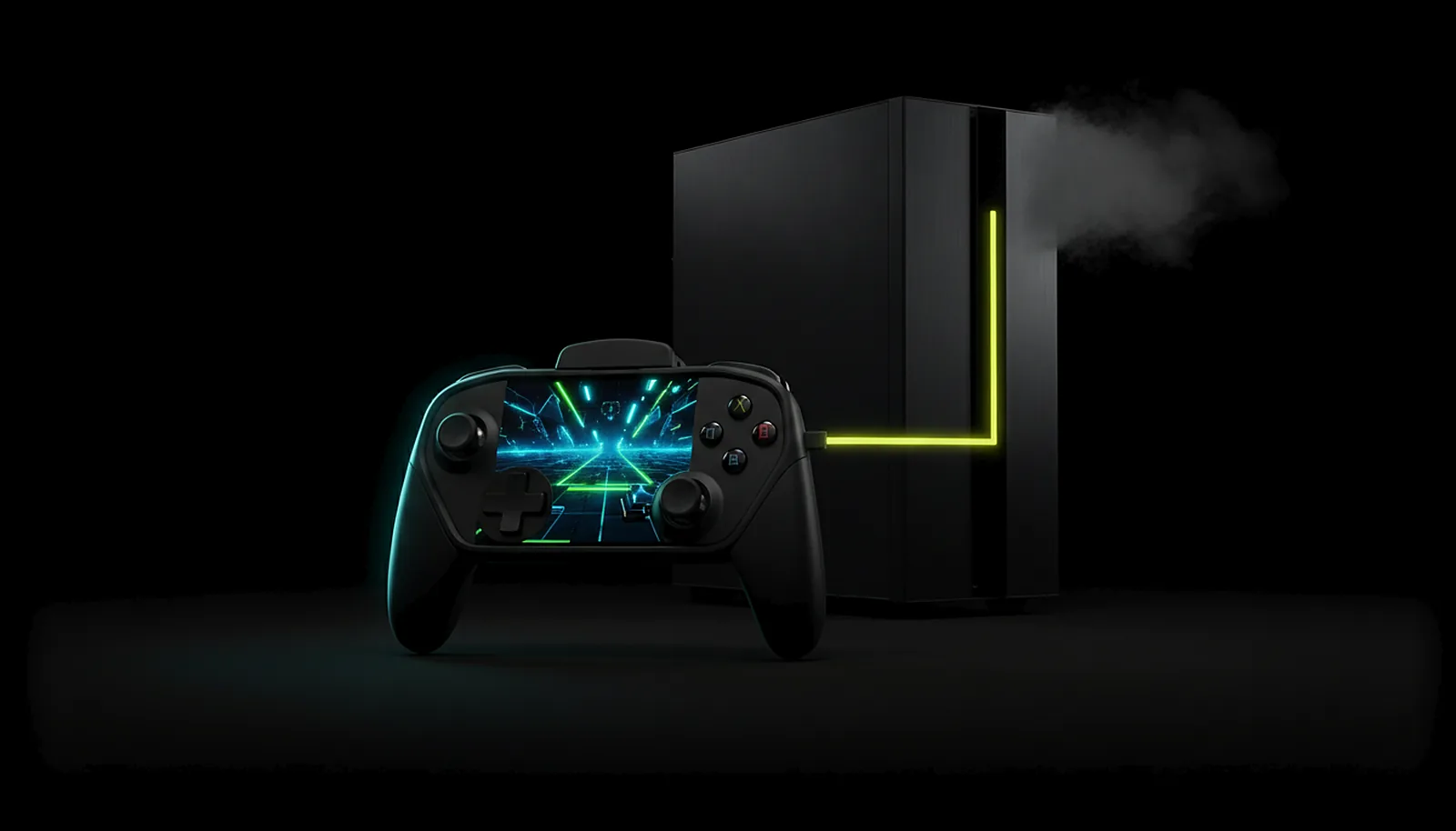 A phone with a real controller plugged in showing a PC game edge to edge, no account screen anywhere