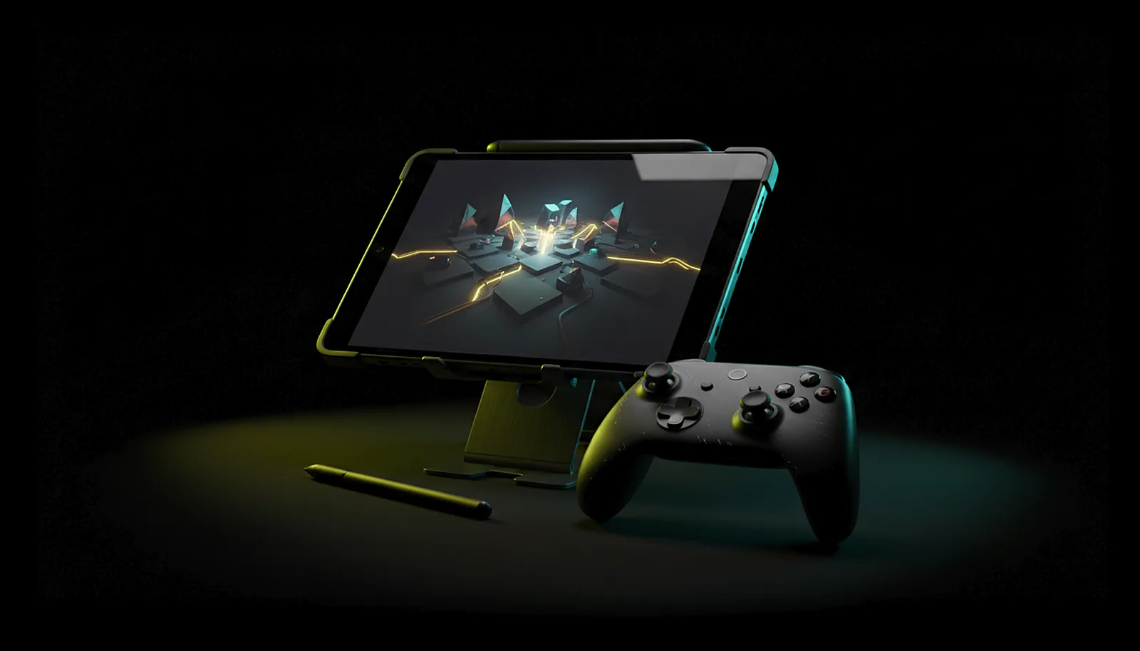 A tablet on a stand showing a PC game edge to edge, a controller in front of it on the table