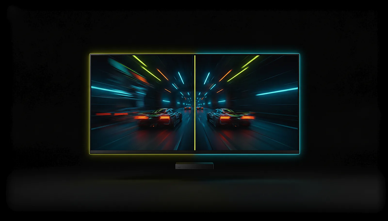 An Android TV box under a big TV with the ChimpDeck stats overlay showing frame timing