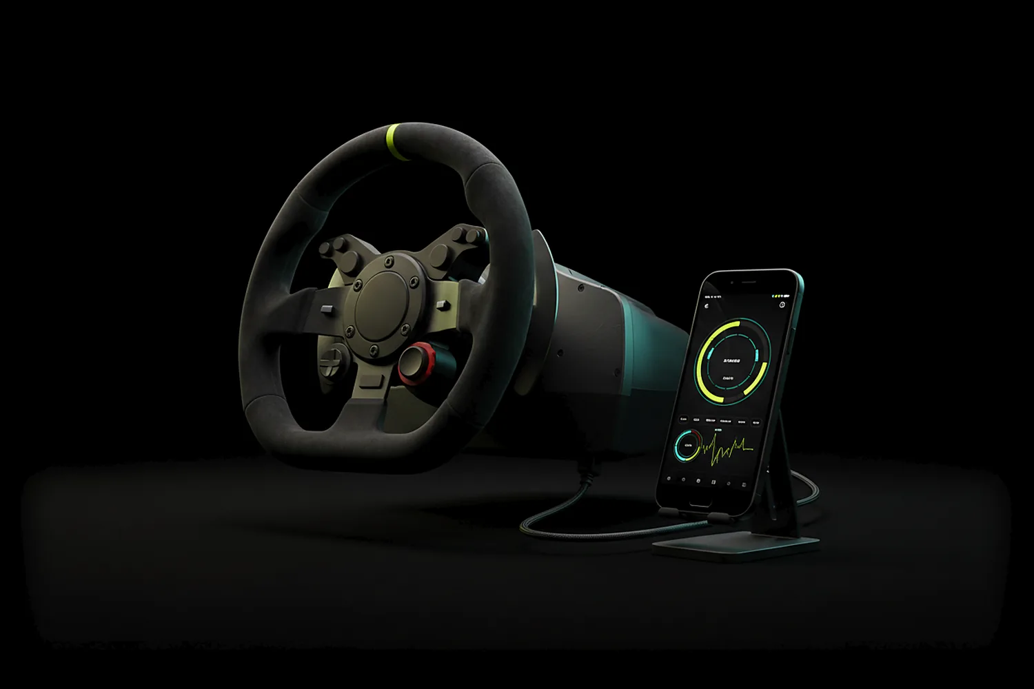 A racing wheel with force feedback, cabled to a phone running ChimpDeck on a stand