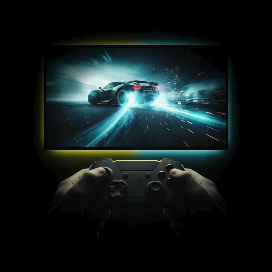 A big TV bursting with a PC game, a real controller in the player’s hands